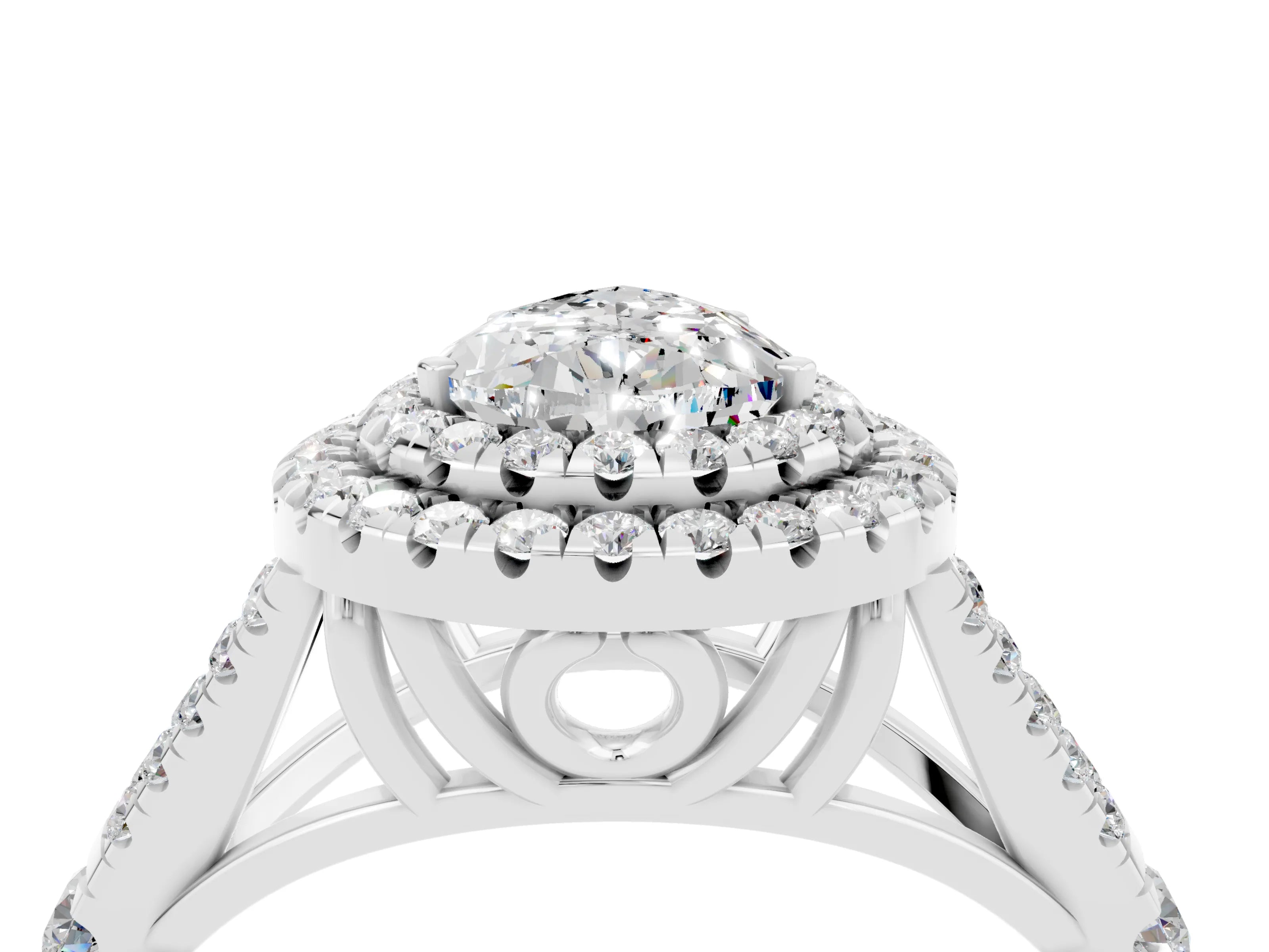 White gold Pear Cut Moissanite Pavé Split Shank Double Halo Engagement Ring_4