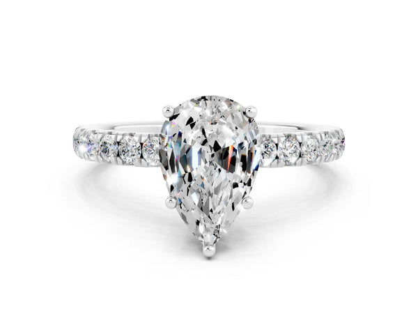 Platinum Pear Cut Moissanite Pave Band Solitaire Ring with Round  and Prong Setting