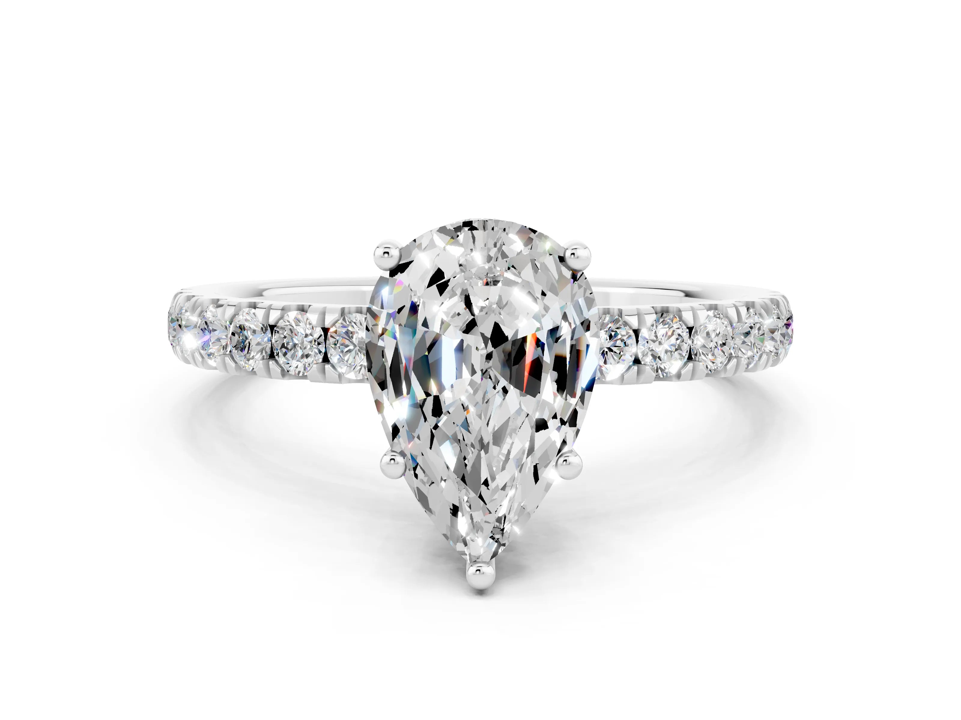 White gold Pear Cut Moissanite Pave Band Solitaire Ring with Four-Prong Setting_24