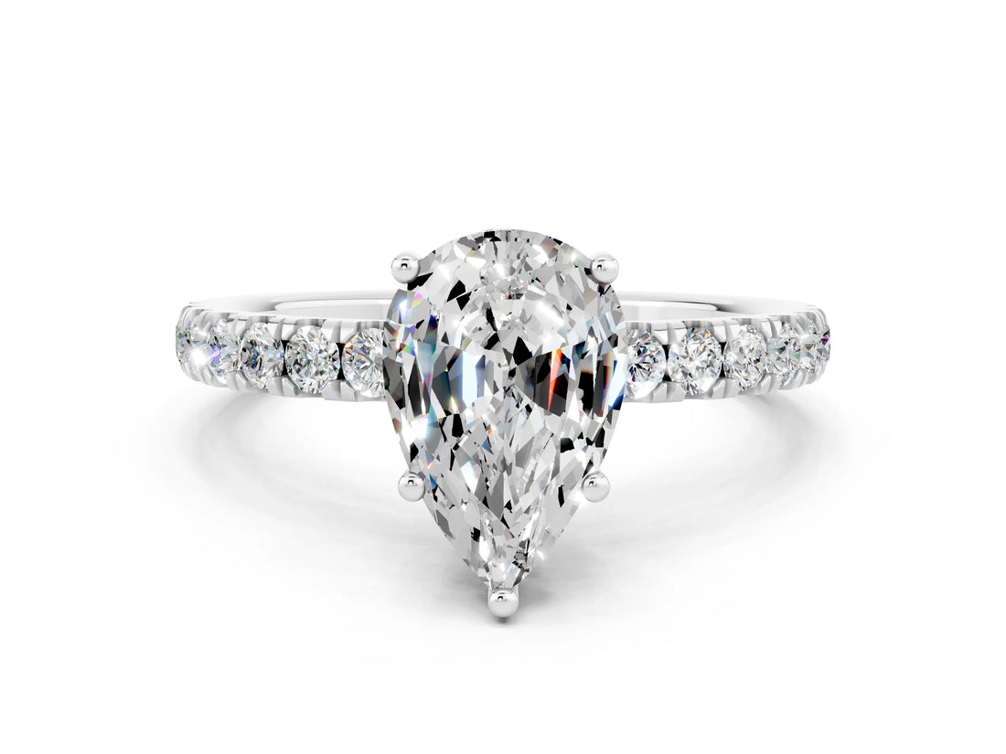 White gold Pear Cut Moissanite Pave Band Solitaire Ring with Four-Prong Setting_24