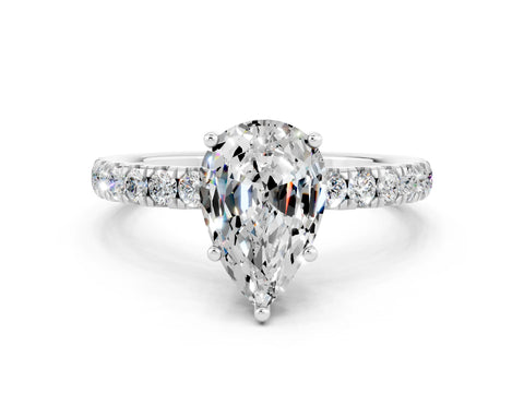 White gold Pear Cut Moissanite Pave Band Solitaire Ring with Four-Prong Setting_24