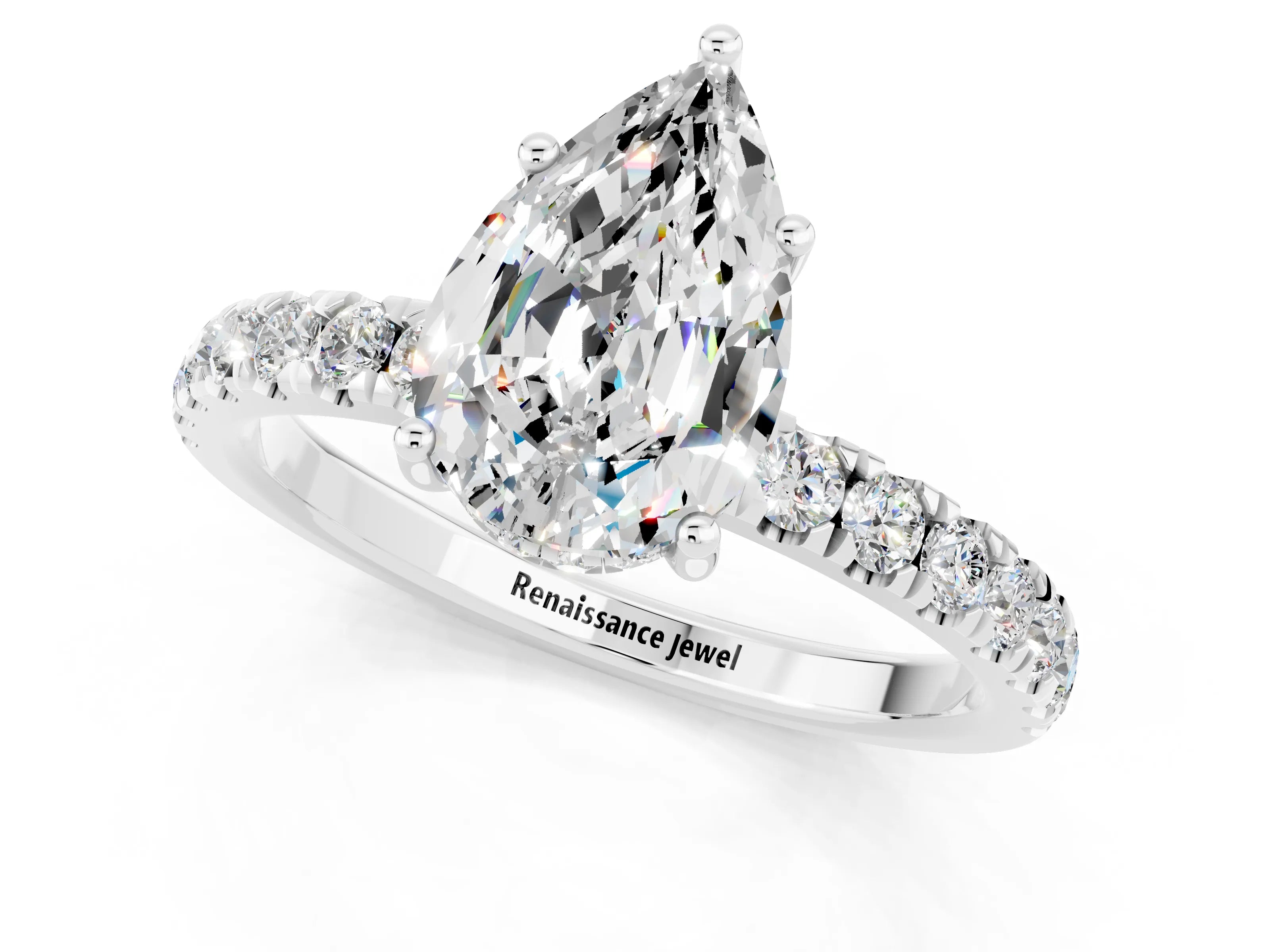 White gold Pear Cut Moissanite Pave Band Solitaire Ring with Four-Prong Setting_25