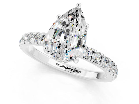 White gold Pear Cut Moissanite Pave Band Solitaire Ring with Four-Prong Setting_25