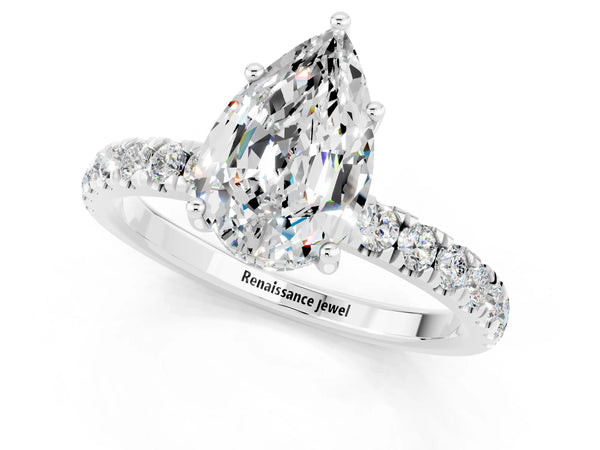 Silver Pear Cut Moissanite Pave Band Solitaire Ring with Round  and Prong Setting