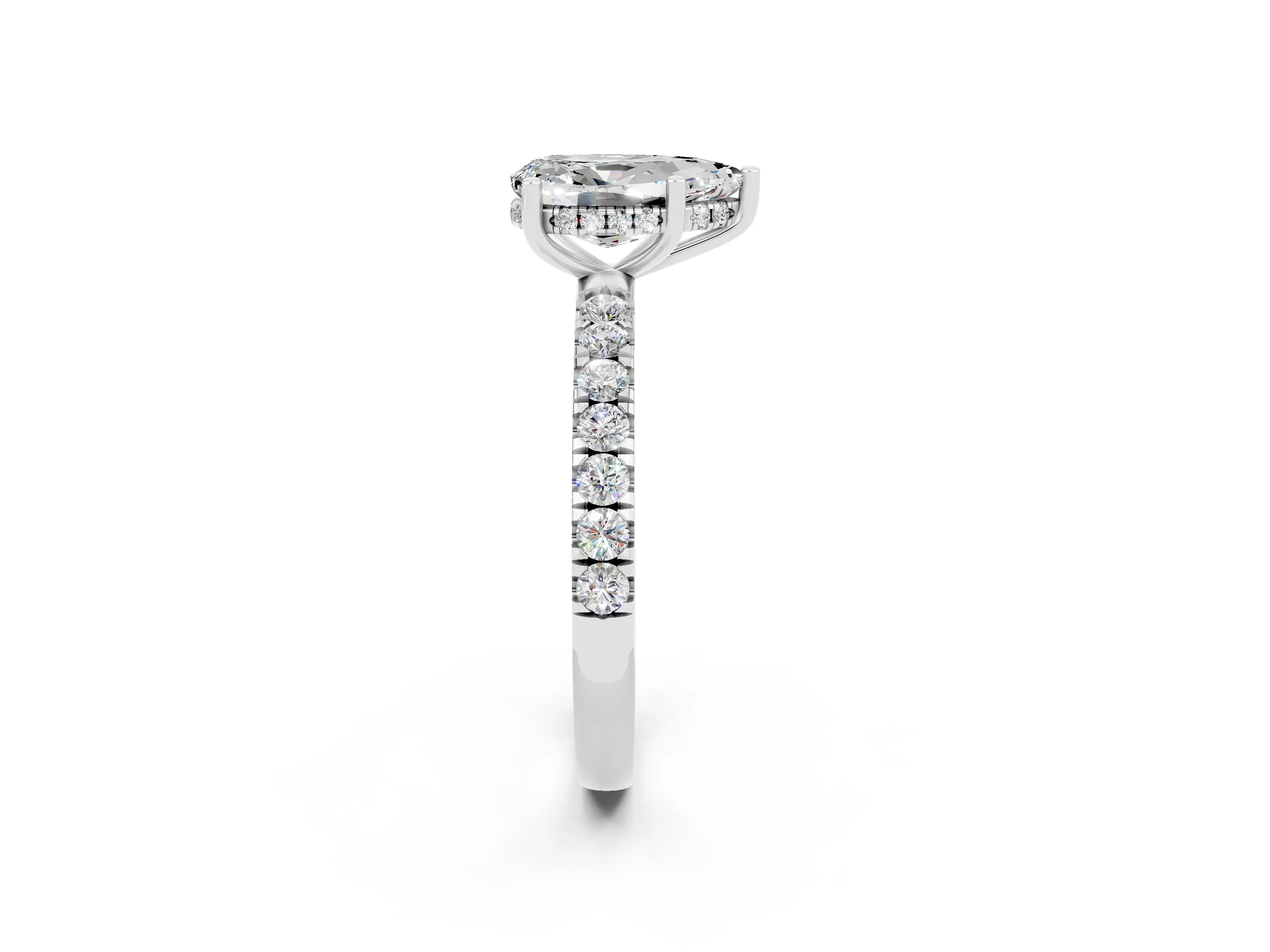 White gold Pear Cut Moissanite Pave Band Solitaire Ring with Four-Prong Setting_26