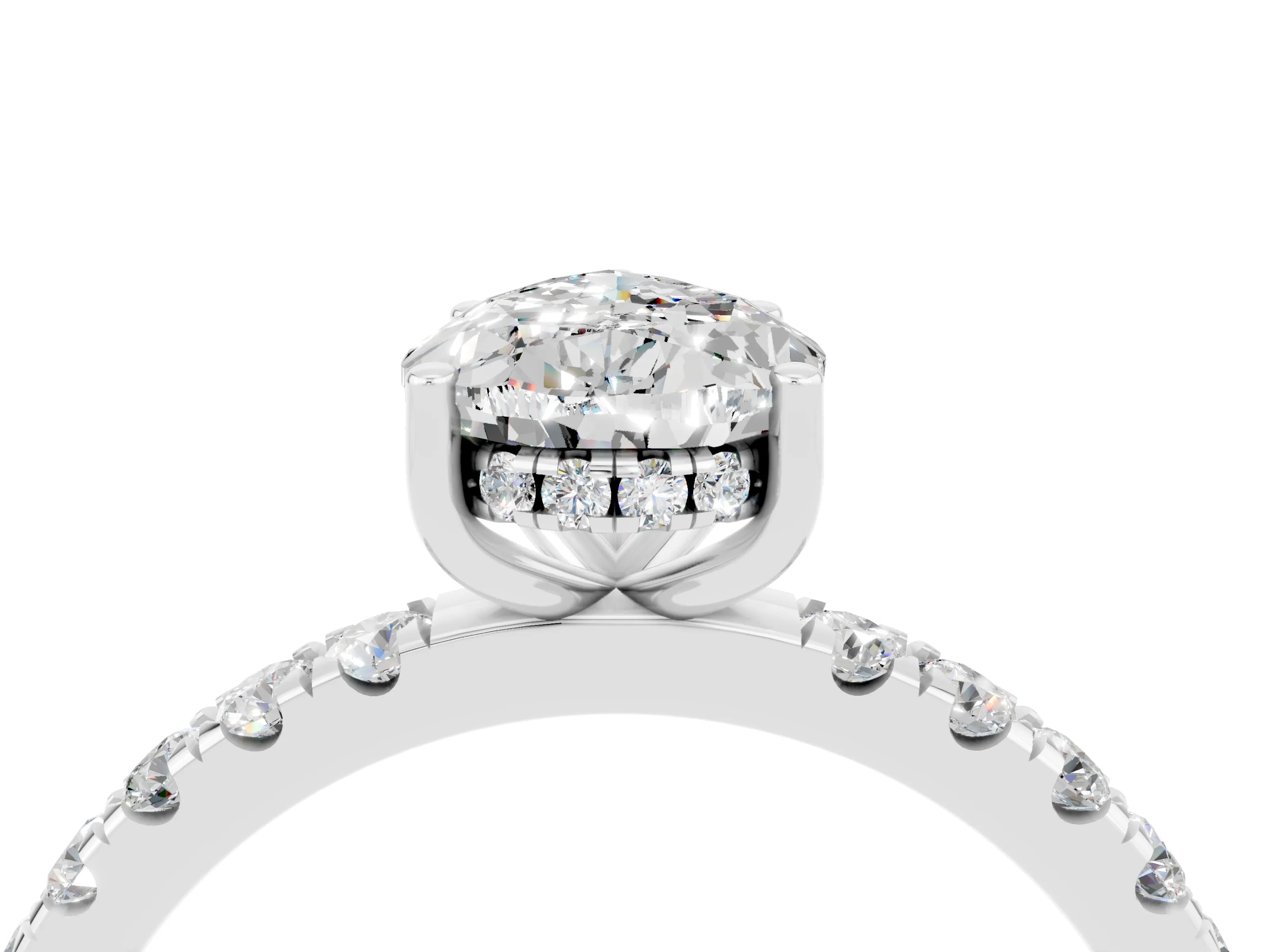 White gold Pear Cut Moissanite Pave Band Solitaire Ring with Four-Prong Setting_28