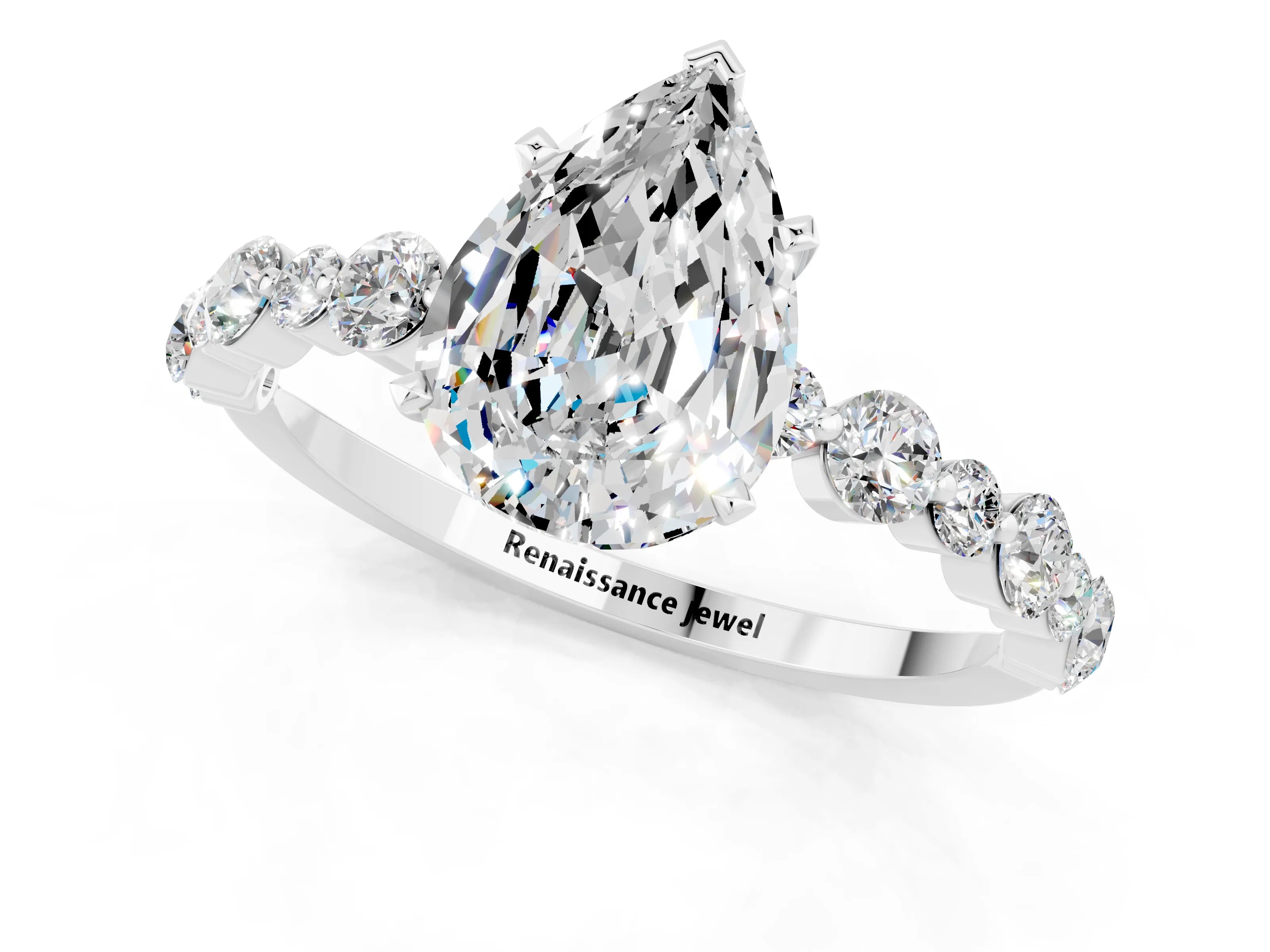 White gold Pear Cut Moissanite Prong Set Engagement Ring with Pavé Band_1