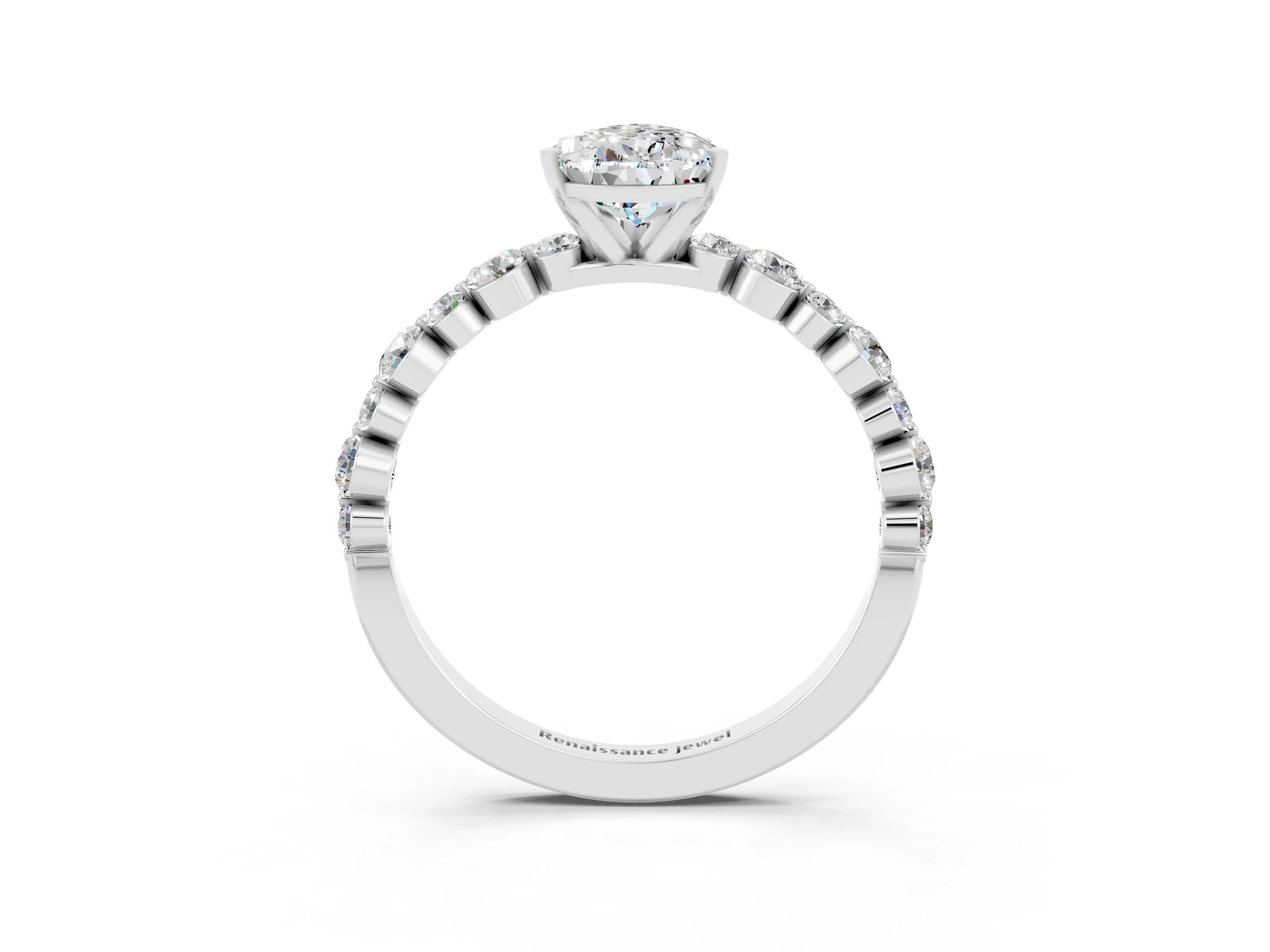 White gold Pear Cut Moissanite Prong Set Engagement Ring with Pavé Band_3