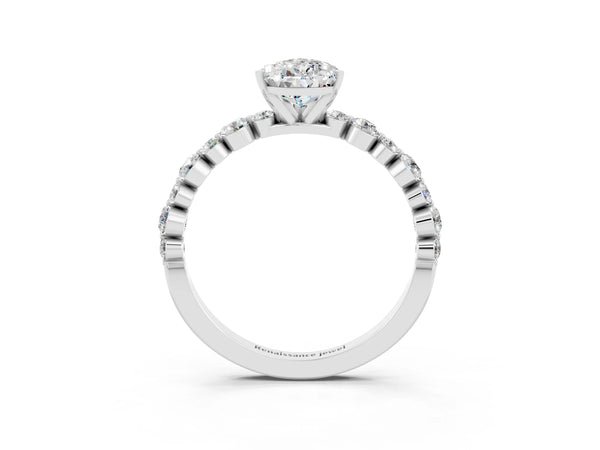 Platinum Pear Cut Moissanite Prong Set Engagement Ring with Pavé Band