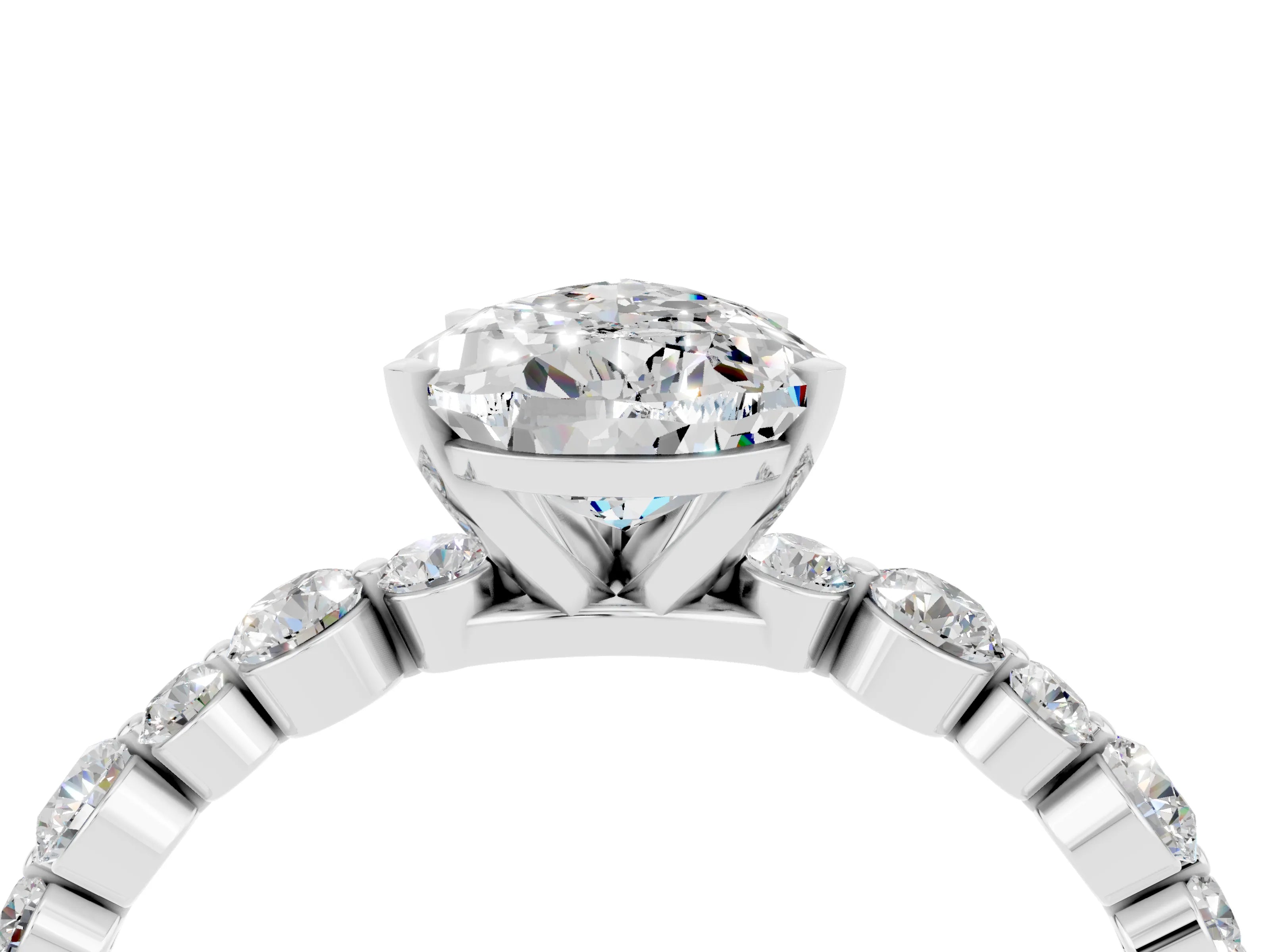 White gold Pear Cut Moissanite Prong Set Engagement Ring with Pavé Band_4