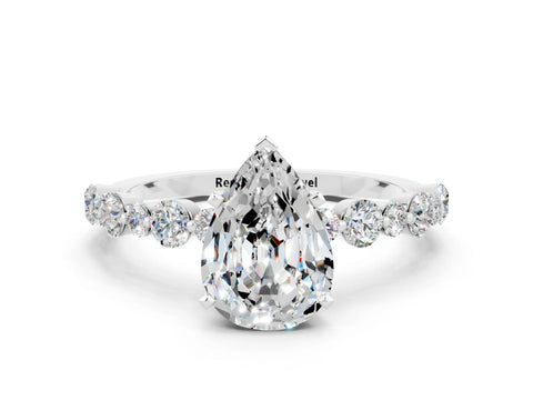 White gold Pear Cut Moissanite Prong Set Engagement Ring with Pavé Band