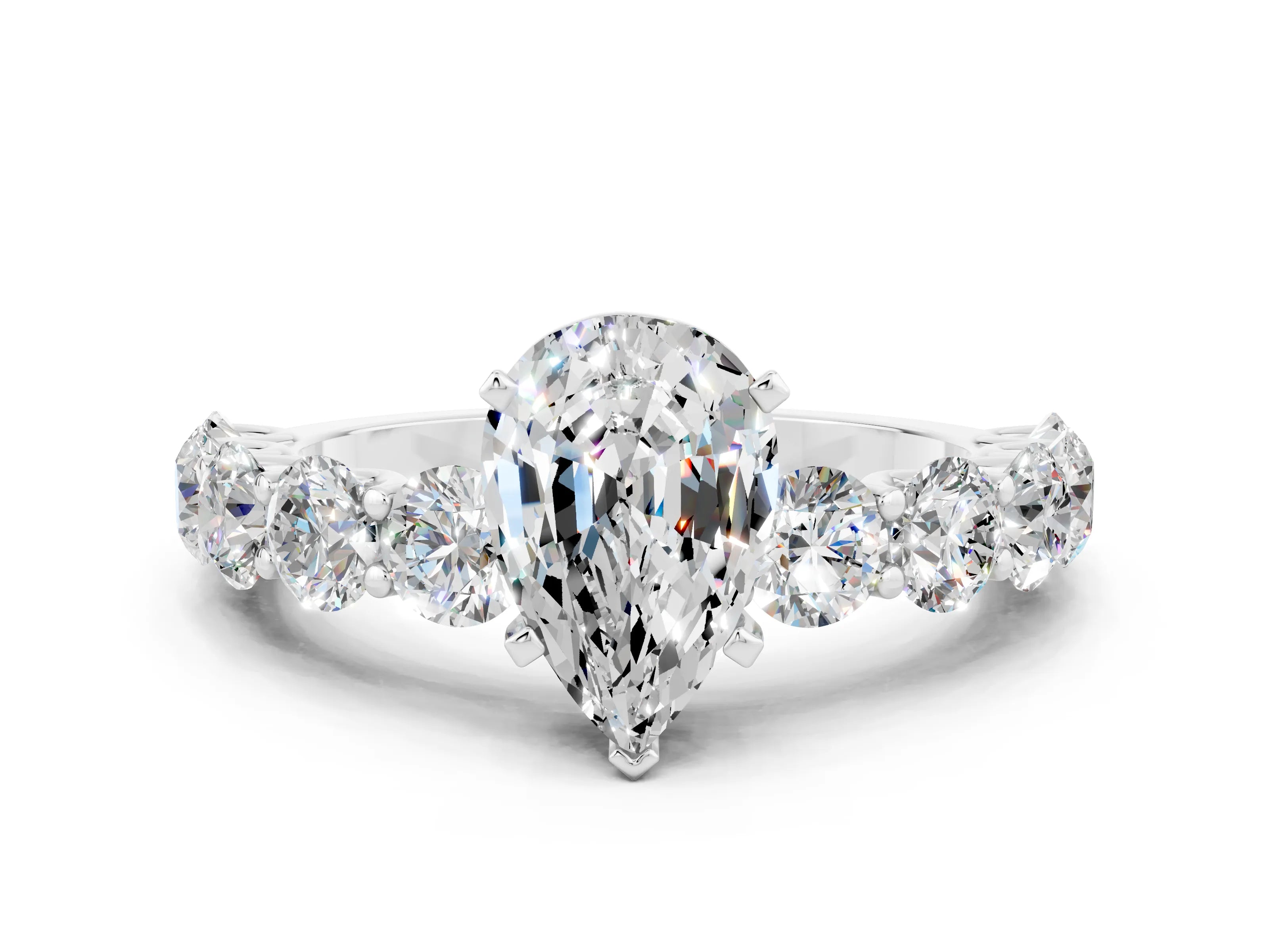 White gold Pear Cut Moissanite Prong Setting with Side Stones on a Pave Band
