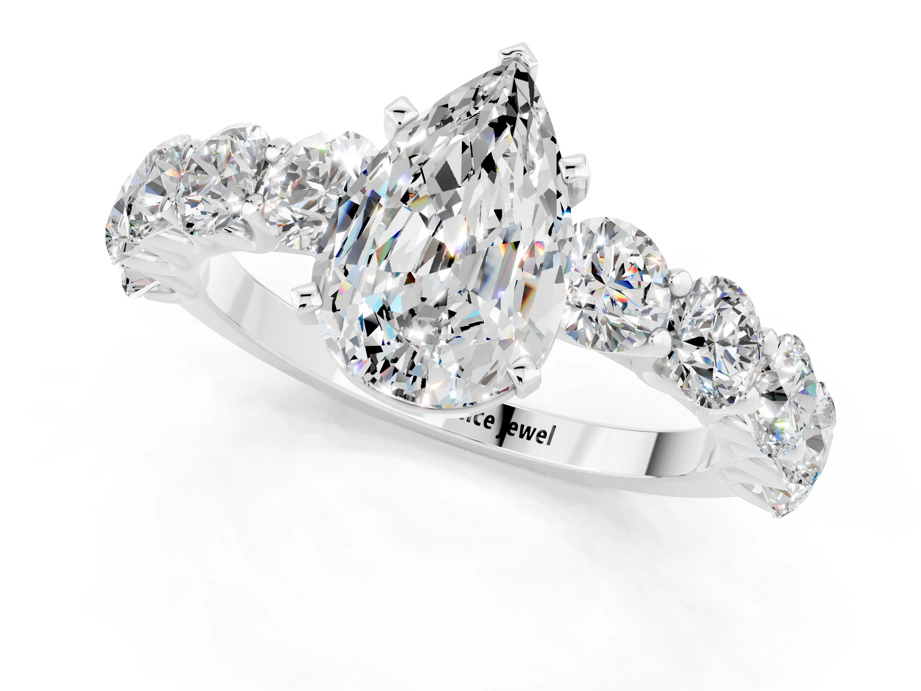 White gold Pear Cut Moissanite Prong Setting with Side Stones on a Pave Band_1