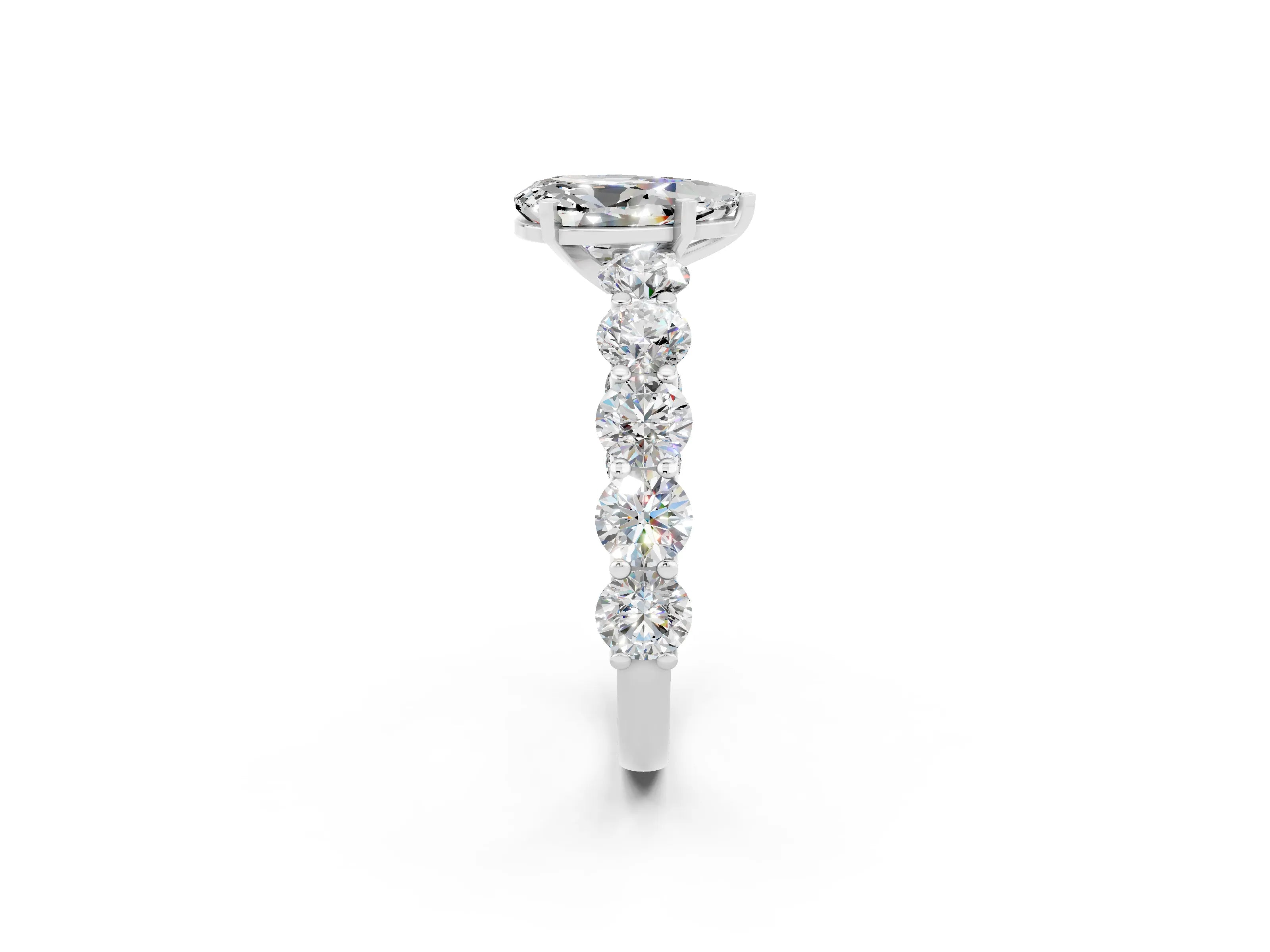 White gold Pear Cut Moissanite Prong Setting with Side Stones on a Pave Band_2