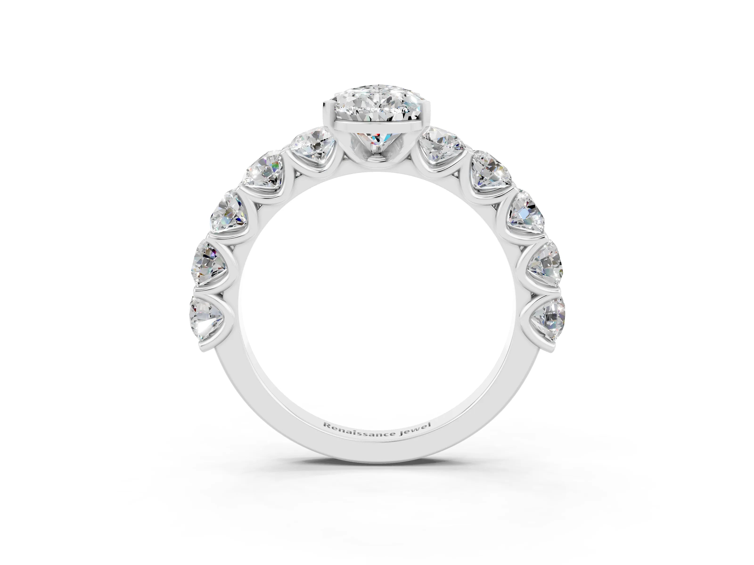 White gold Pear Cut Moissanite Prong Setting with Side Stones on a Pave Band_3