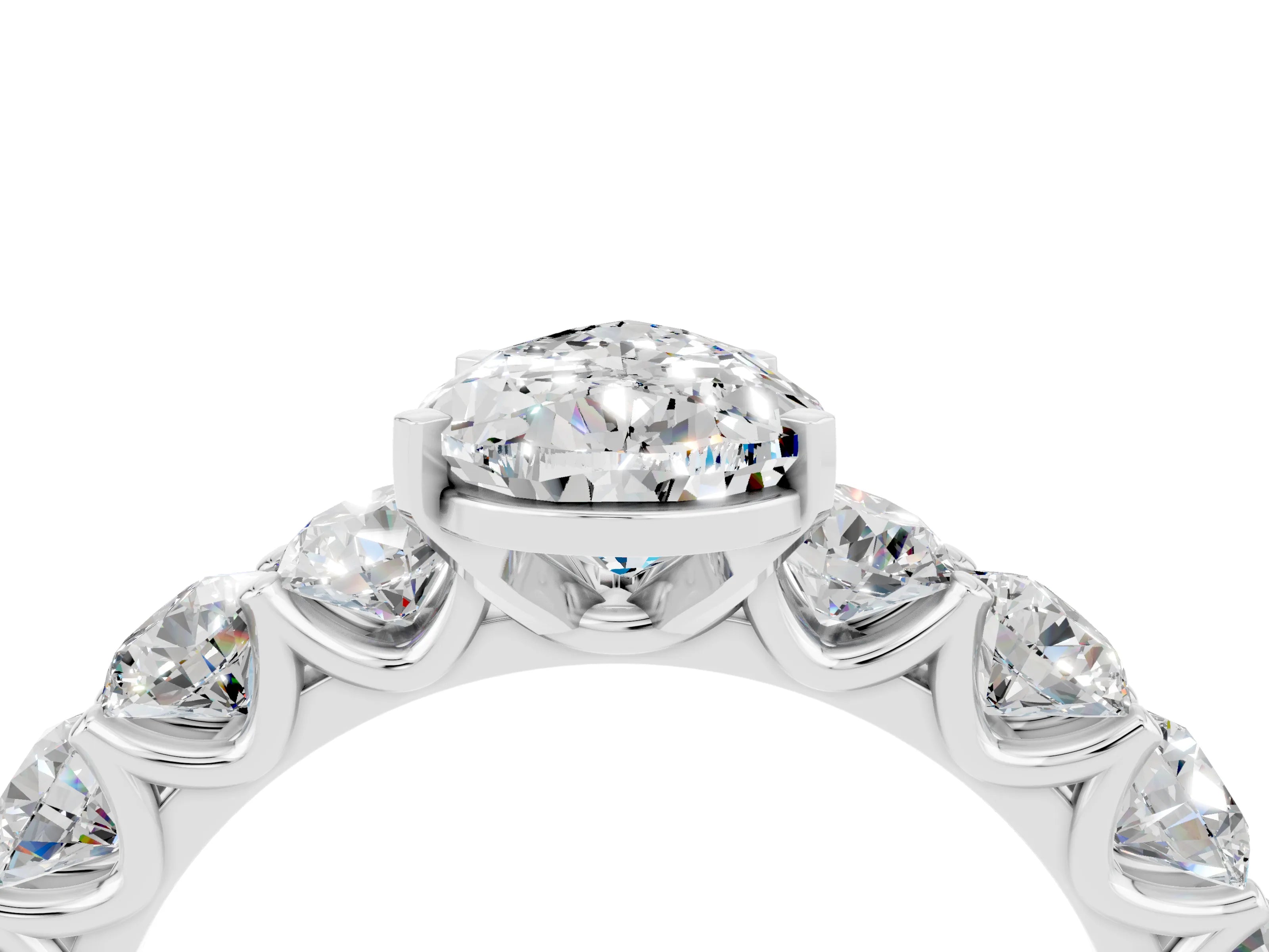 White gold Pear Cut Moissanite Prong Setting with Side Stones on a Pave Band_4