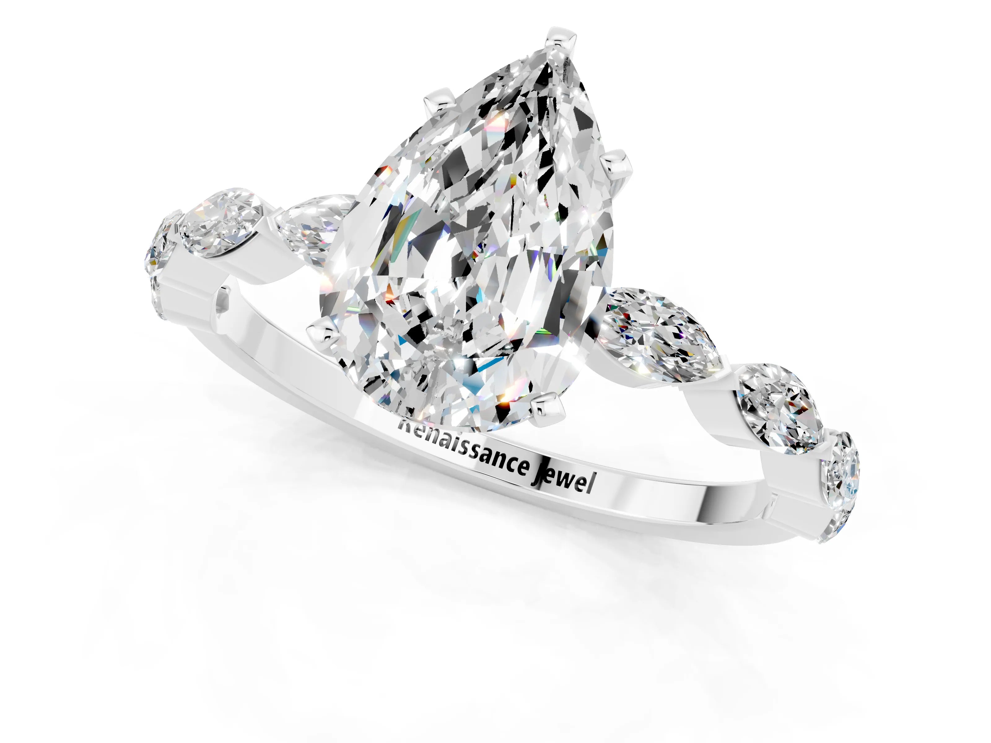 White gold Pear Cut Moissanite Ring with Marquise Side Stones and Prong Setting_1