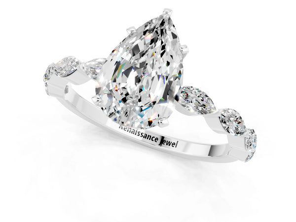 White gold Pear Cut Moissanite Ring with Marquise Side Stones and Prong Setting