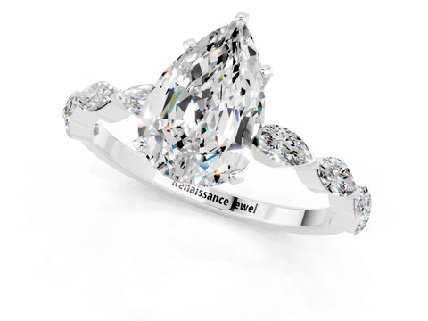 White gold Pear Cut Moissanite Ring with Marquise Side Stones and Prong Setting_1