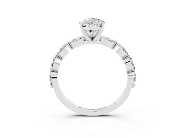 Platinum Pear Cut Moissanite Ring with Marquise Side Stones and Prong Setting