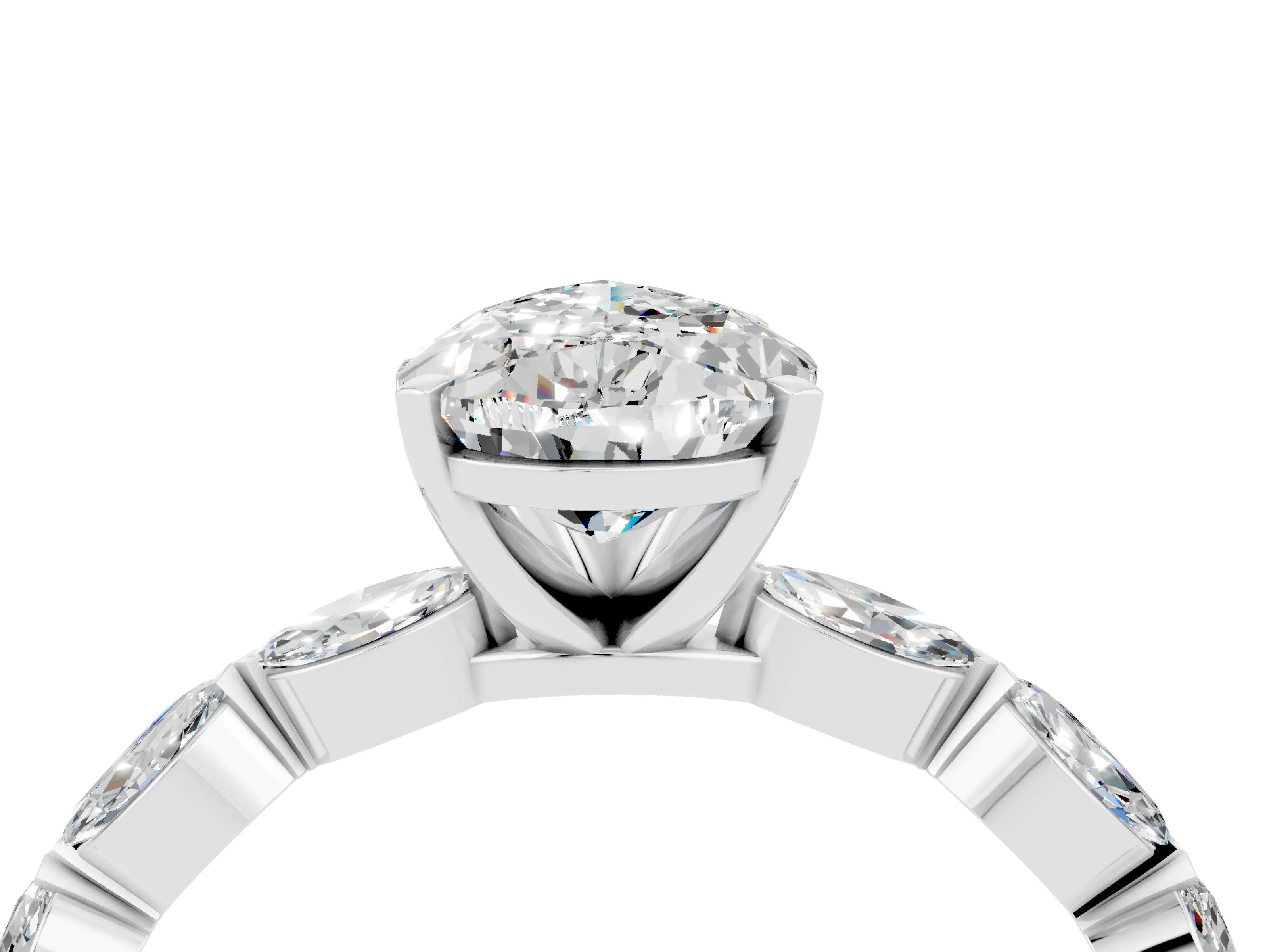 White gold Pear Cut Moissanite Ring with Marquise Side Stones and Prong Setting_4