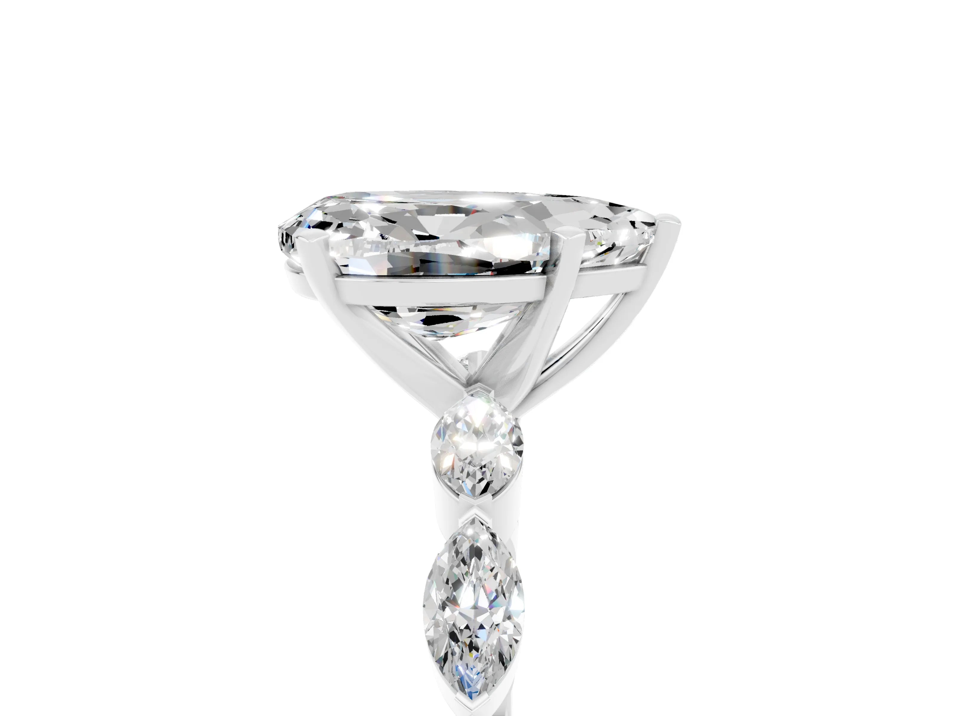 White gold Pear Cut Moissanite Ring with Marquise Side Stones and Prong Setting_5
