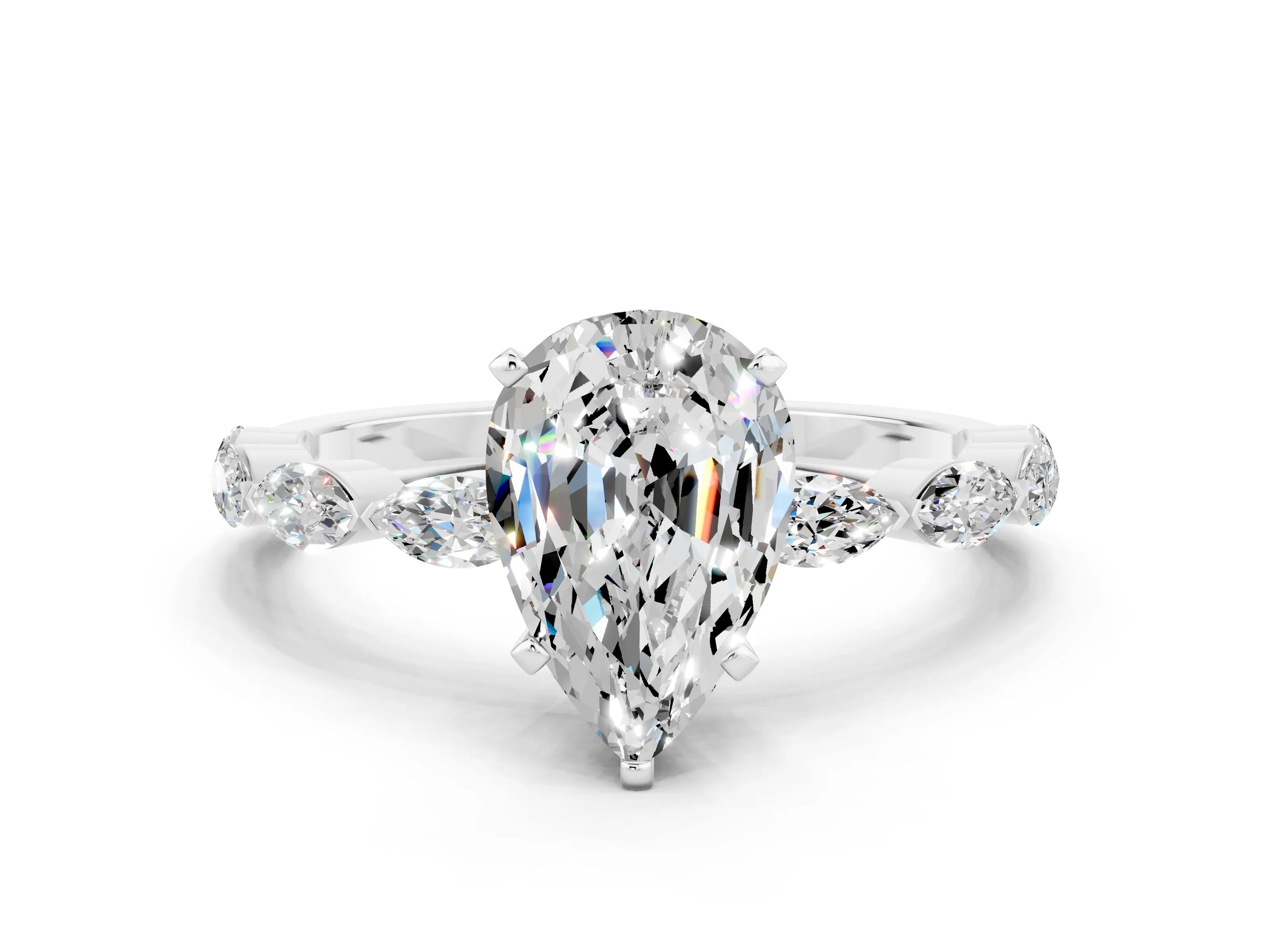 White gold Pear Cut Moissanite Ring with Marquise Side Stones and Prong Setting