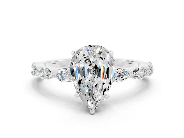 Silver Pear Cut Moissanite Ring with Marquise Side Stones and Prong Setting