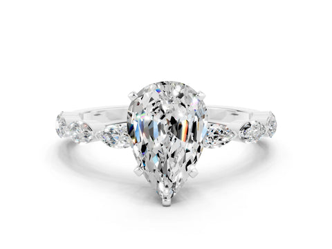 White gold Pear Cut Moissanite Ring with Marquise Side Stones and Prong Setting