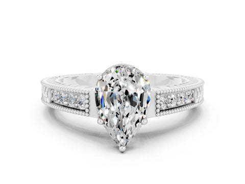 White gold Pear Cut Moissanite Ring with Milgrain Pavé Band and Four-Prong Setting_12