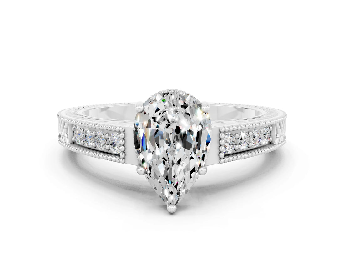 White gold Pear Cut Moissanite Ring with Milgrain Pavé Band and Four-Prong Setting_12