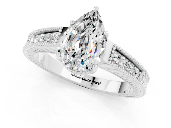 Platinum Pear Cut Moissanite Ring with Milgrain Pavé Band and Four-Prong Setting
