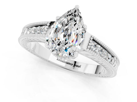 White gold Pear Cut Moissanite Ring with Milgrain Pavé Band and Four-Prong Setting_13