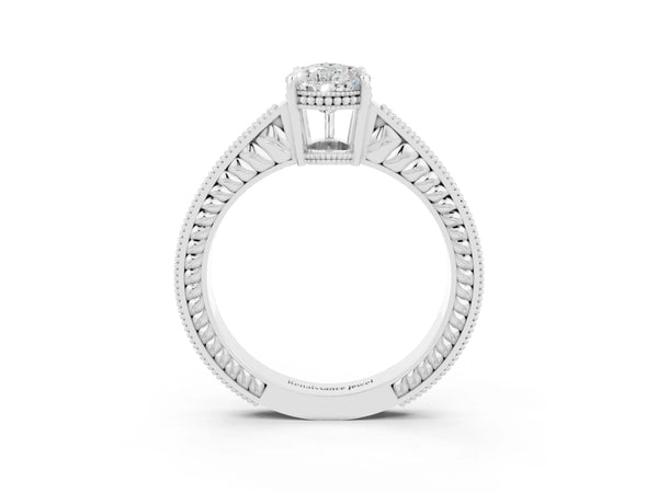 Silver Pear Cut Moissanite Ring with Milgrain Pavé Band and Four-Prong Setting