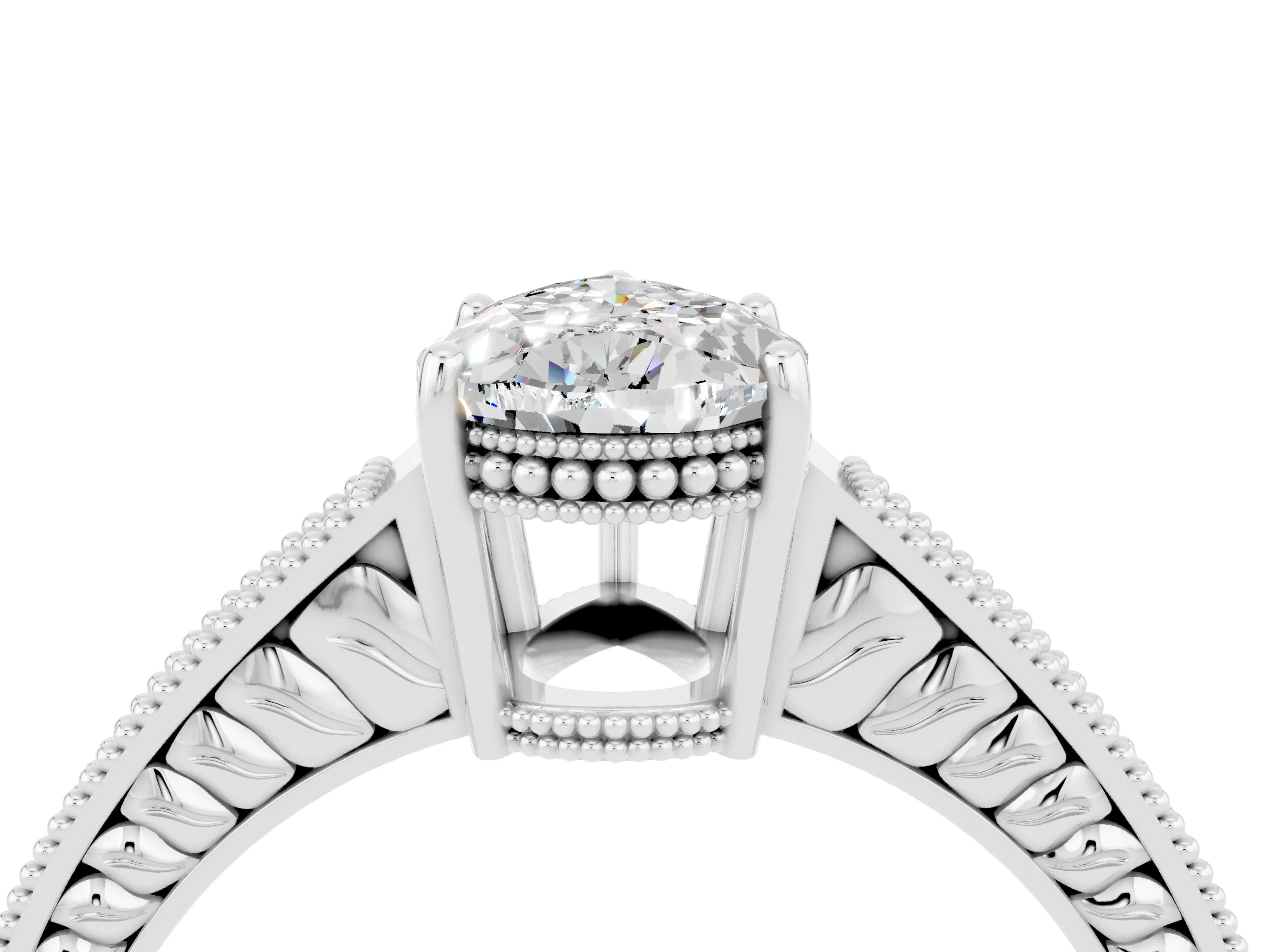 White gold Pear Cut Moissanite Ring with Milgrain Pavé Band and Four-Prong Setting_16