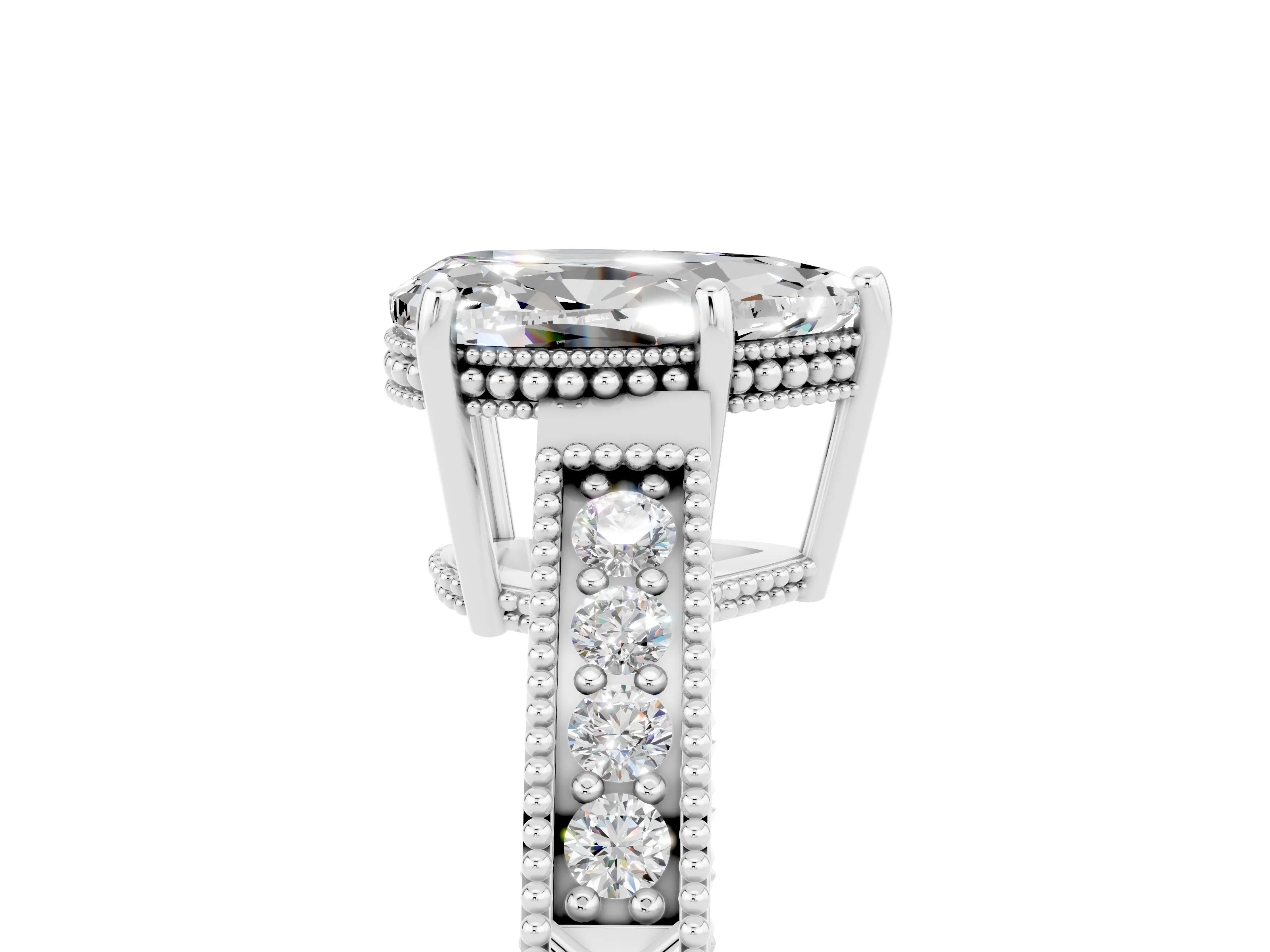 White gold Pear Cut Moissanite Ring with Milgrain Pavé Band and Four-Prong Setting_17