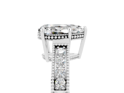 White gold Pear Cut Moissanite Ring with Milgrain Pavé Band and Four-Prong Setting_17