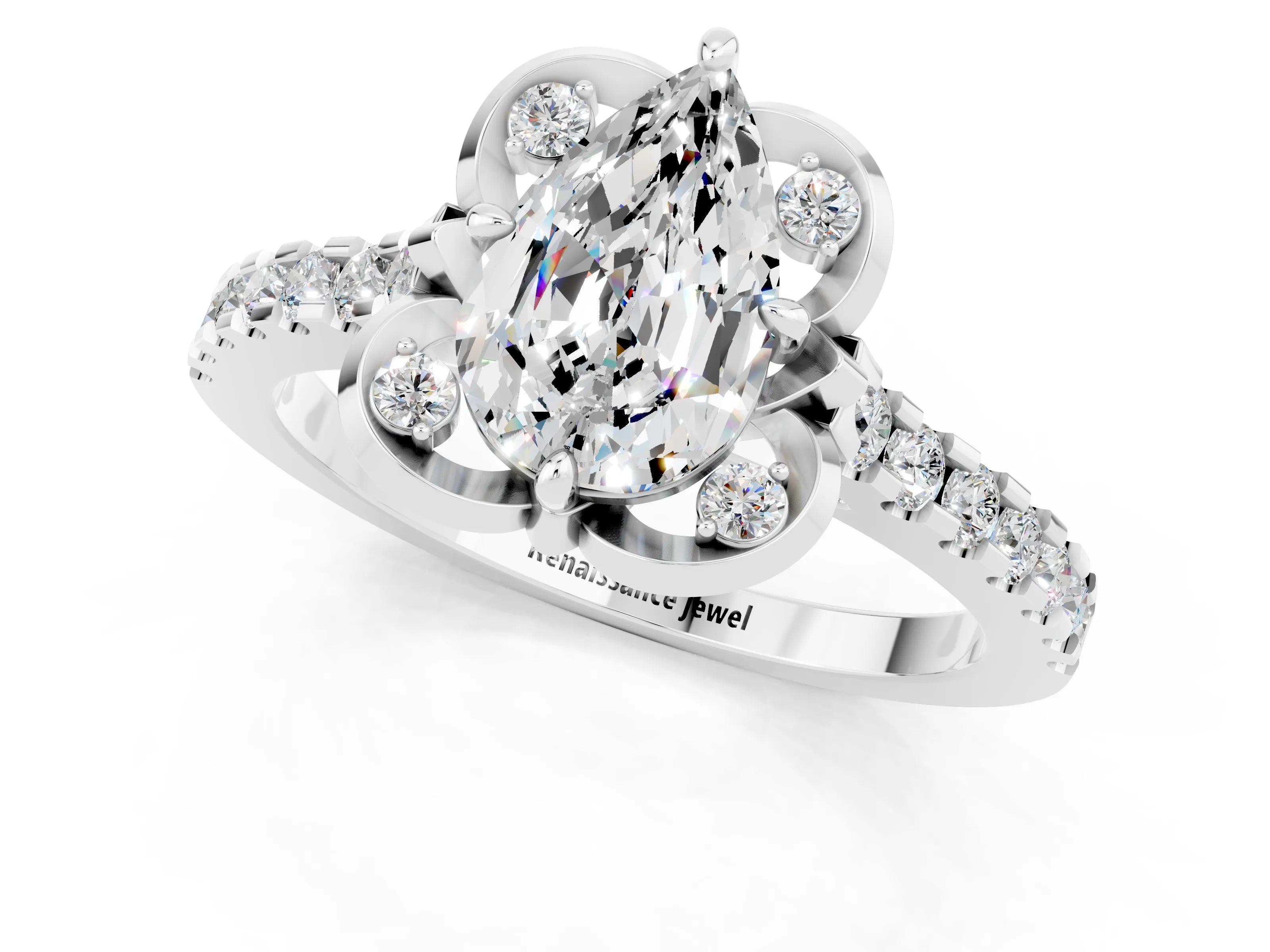 White gold Pear Cut Moissanite Ring with Pavé Band and Floral Prong Setting_1