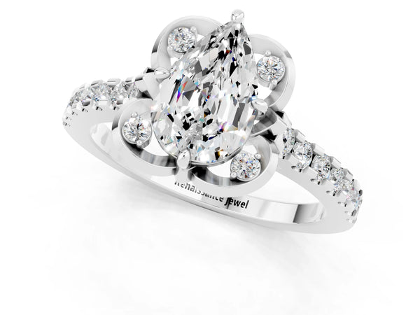 Silver Pear Cut Moissanite Ring with Pavé Band and Floral Prong Setting