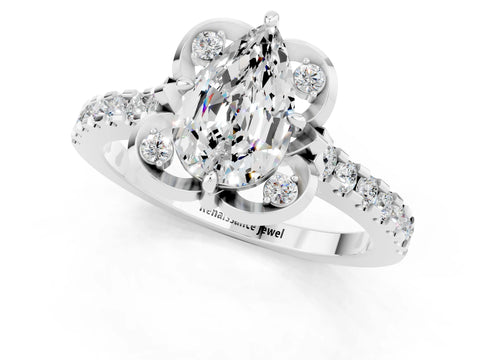 White gold Pear Cut Moissanite Ring with Pavé Band and Floral Prong Setting_1
