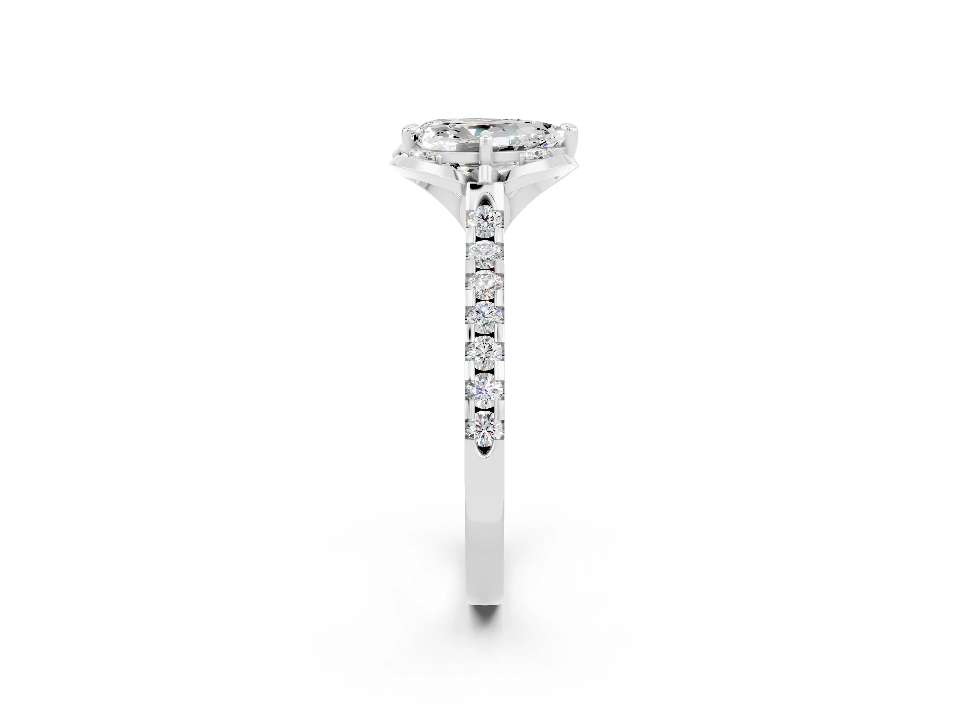 White gold Pear Cut Moissanite Ring with Pavé Band and Floral Prong Setting_2