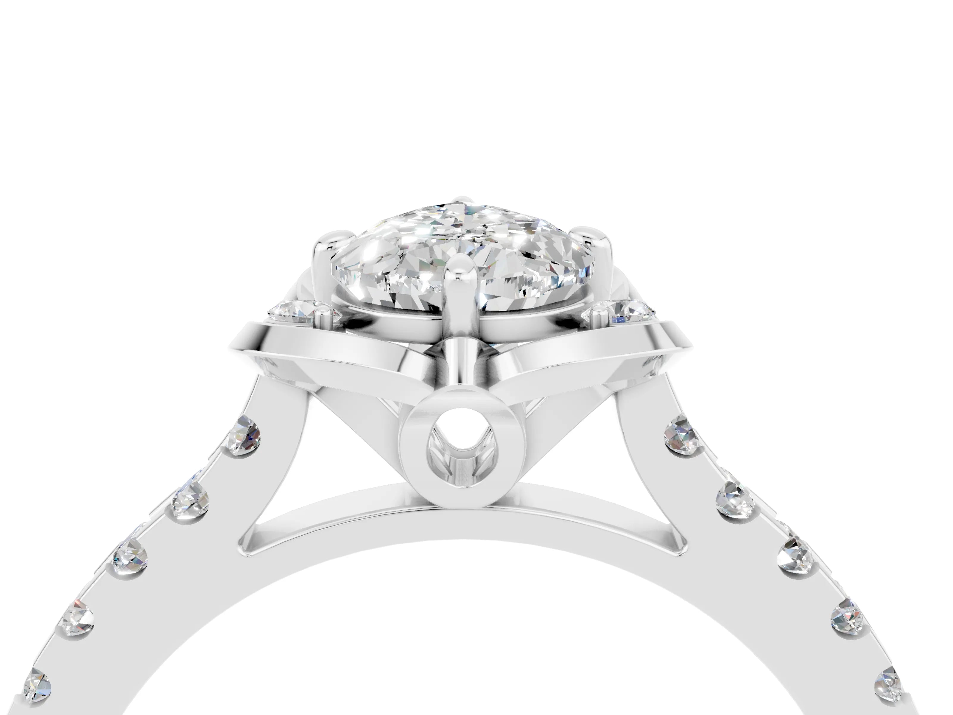 White gold Pear Cut Moissanite Ring with Pavé Band and Floral Prong Setting_4