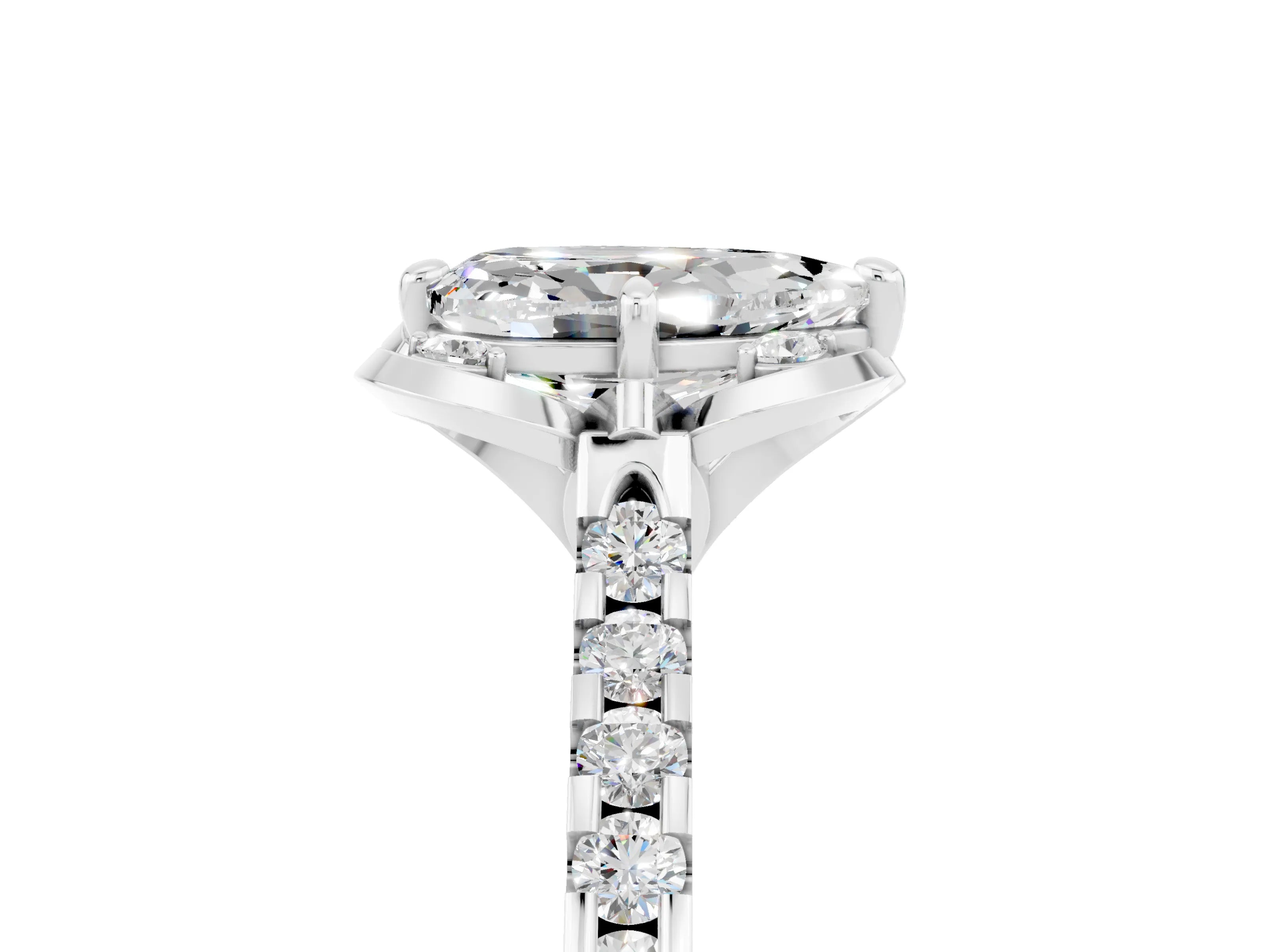 White gold Pear Cut Moissanite Ring with Pavé Band and Floral Prong Setting_5