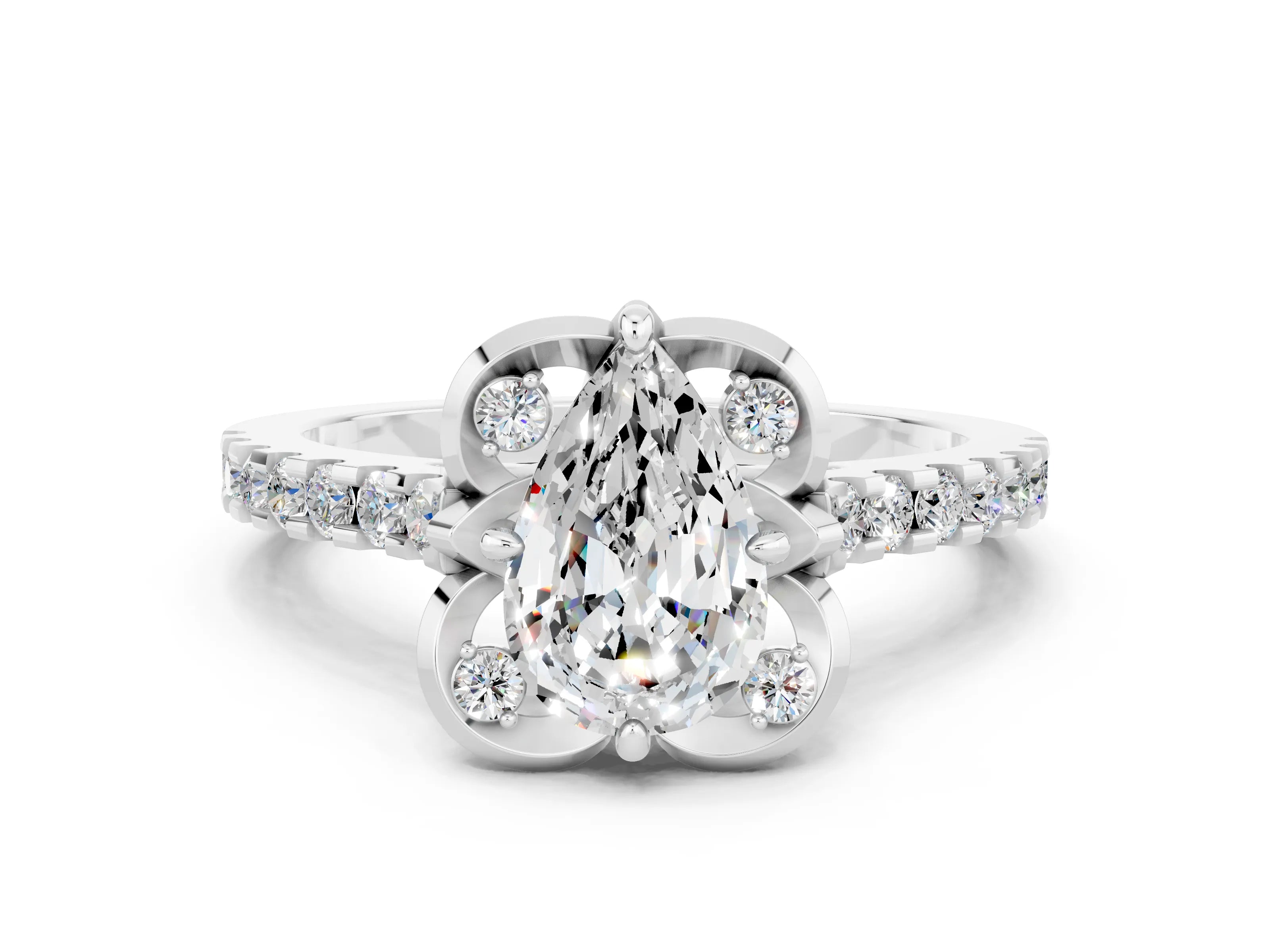 White gold Pear Cut Moissanite Ring with Pavé Band and Floral Prong Setting