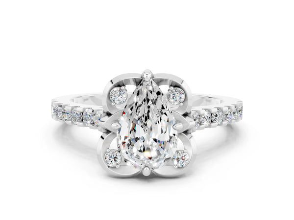 Silver Pear Cut Moissanite Ring with Pavé Band and Floral Prong Setting