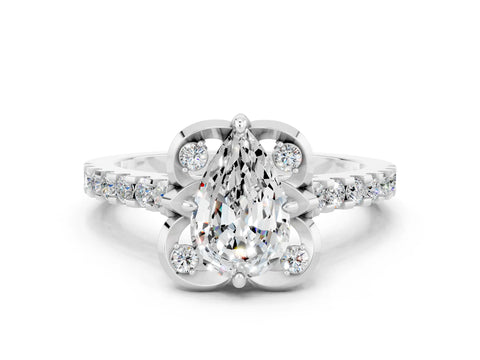 White gold Pear Cut Moissanite Ring with Pavé Band and Floral Prong Setting