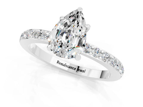 White gold Pear Cut Moissanite Ring with Pavé Band and Four-Prong Setting_1