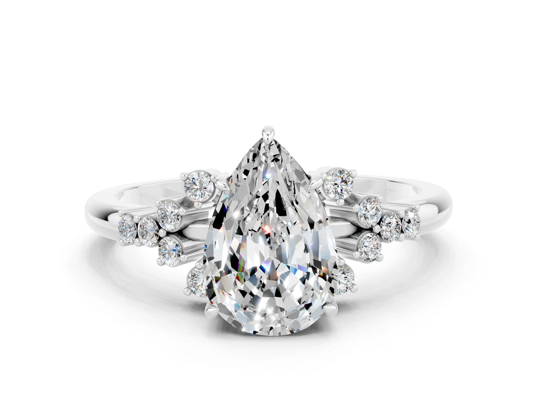 White gold Pear Cut Moissanite Ring with Side Stones and Four-Prong Setting_36