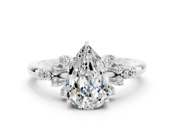 White gold Pear Cut Moissanite Ring with Side Stones and Four-Prong Setting