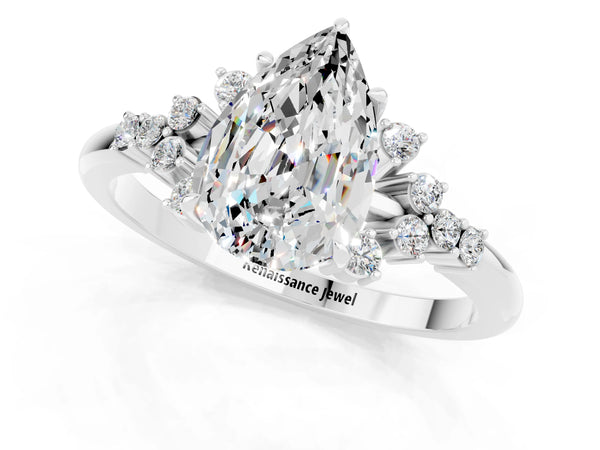 Platinum Pear Cut Moissanite Ring with Side Stones and Four-Prong Setting